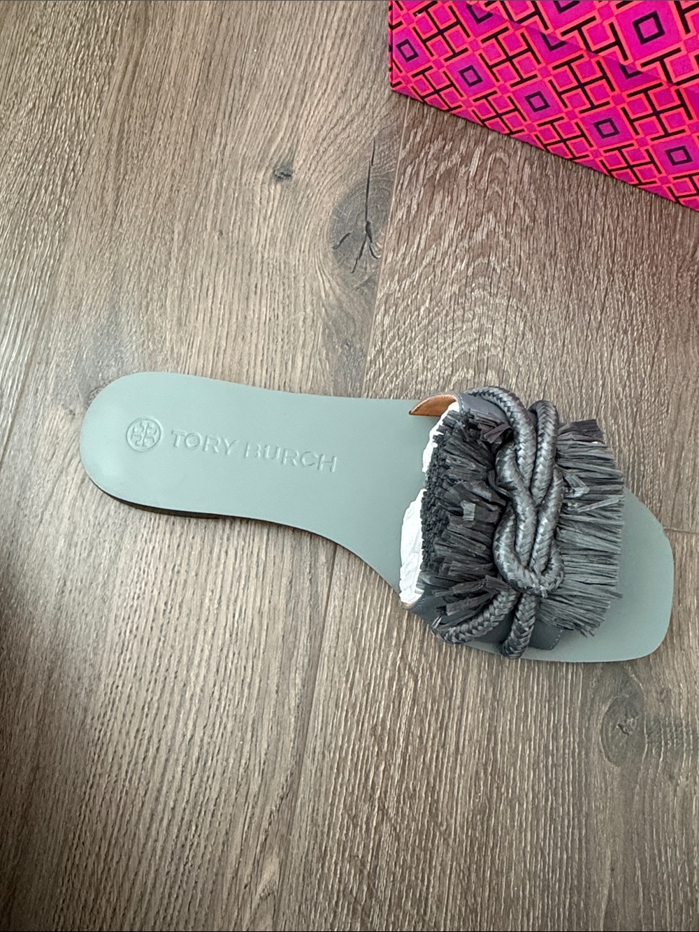 Tory Burch Gray Knotted Fringe Slide Sandal